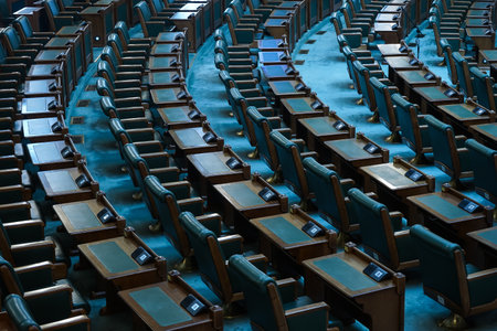 Bucharest, Romania - August 04, 2021: The empty benches of the Romanian Senate on the day of an extraordinary plenary session, which has no quorum, during the parliamentary vacation.のeditorial素材