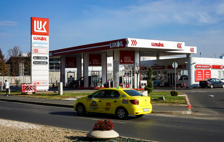 Bucharest, Romania - November 18, 2021: A Lukoil gas station is seen in Bucharest This image is for editorial use only.のeditorial素材