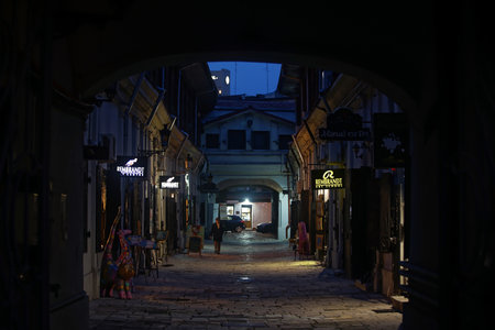 Bucharest, Romania - December 03, 2021: "Hanul cu tei", built in 1833, which in the past it was an inn now is a place with small shops and art galleries, on Lipscani street, in Bucharest.のeditorial素材