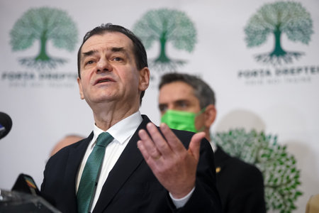 Bucharest, Romania - February 17, 2022: Ludovic Orban, the former prime minister of Romania, announces the founding of "Force of the Right" party (Forta Dreptei), during a press conference.のeditorial素材