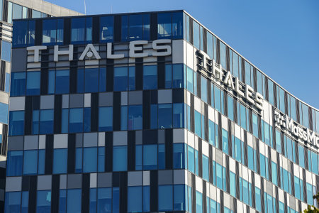Bucharest, Romania -  October 04, 2021: The logo of French multinational company Thales is seen on the top of the Orhideea Towers building, in Bucharest, Romania.のeditorial素材