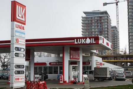 Bucharest, Romania - March 10, 2022: A Lukoil gas station is seen in Bucharest This image is for editorial use only.のeditorial素材