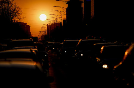 Bucharest, Romania - March 22, 2022: Cars in traffic at rush hour on a boulevard in Bucharest.のeditorial素材