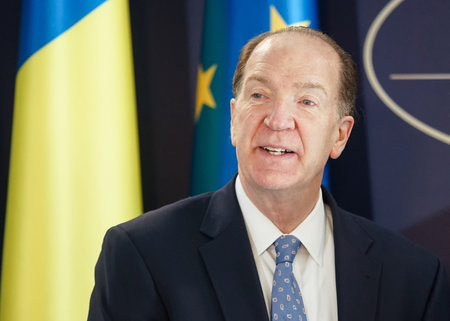 Bucharest, Romania - April 14, 2022: World Bank President David Malpass during his visit to Romania where he met the highest rank officials. This image is for editorial use only.のeditorial素材
