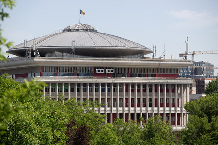 Bucharest, Romania - May 20, 2022: The building of the Rectorate of the Polytechnic University of Bucharest, built between 1963-1969 according to the plan of the architect Octav Doicescu.のeditorial素材