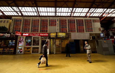 Bucharest, Romania - April 12, 2022: The arrival departure board from the central platform of the Northern Railway Station.のeditorial素材
