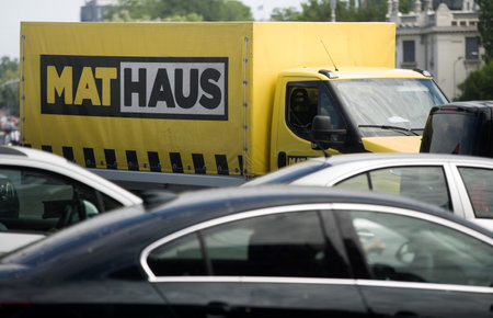 Bucharest, Romania - June 09, 2022: Delivery lorry of Mathaus hardware store of romanian multinational building materials distributor Arabesque which operate in Romania, Moldova, Bulgaria and Ukraineのeditorial素材