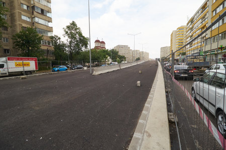 Bucharest, Romania - July 07, 2022: Construction site of the Doamna Ghica Overpass, which was supposed to be completed two years ago, and the difficult traffic around it.のeditorial素材