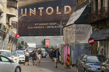 Bucharest, Romania - July 07, 2022: A very large banner advertising the Untold festival can be seen on a building in Downtown Bucharestのeditorial素材