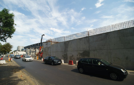 Bucharest, Romania - August 09, 2022: Construction site of the United Europe overpass, in the south of Bucharest.のeditorial素材
