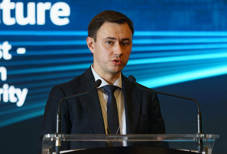 Bucharest, Romania - September 21, 2022: Mykola Kolisnyk, Deputy Energy Minister of Ukraine speak during Romanian International Gas Conference (RIGC)のeditorial素材