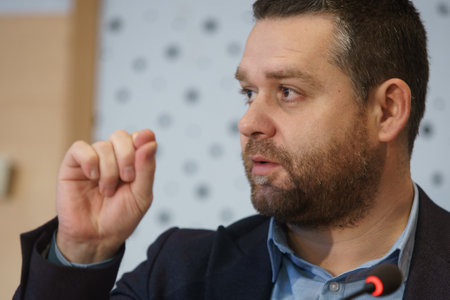 Bucharest, Romania - December 09, 2022: Ciprian Ciucu Mayor of Sector 6 of Bucharest speaks to the press after the signing of a non-refundable European funds contract for waste management in sector 6のeditorial素材