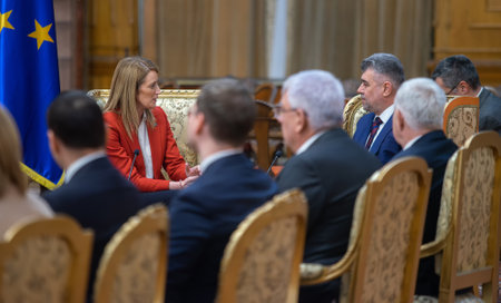 Bucharest, Romania - December 19, 2022: Roberta Metsola (L), president of the European Parliament, meets Marcel Ciolacu (R), president of the Romanian Chamber of Deputies.のeditorial素材
