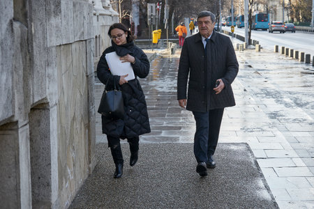 Bucharest, Romania - February 08, 2023: The prefect of the capital Toni Grebla arrives at the meeting with the general mayor Nicusor Dan on urban planning issues at the Bucharest City Hall.のeditorial素材