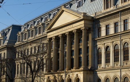Bucharest, Romania - February 09, 2023: The building of the University of Bucharest founded in 1864, built between 1857-1869 according to the plans of the architect Alexandru Orascu.のeditorial素材