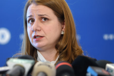 Bucharest, Romania - February 27, 2023: Ligia Deca, Romanian Minister of Education, speak in a press conference at the ministry headquarters, in Bucharest.のeditorial素材