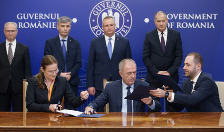 Bucharest, Romania - March 16, 2023: The signing ceremony by OMV Petrom Transgaz and Romgaz of the capacity reservation for the Tuzla - Podisor gas pipeline. This image is for editorial use only.のeditorial素材