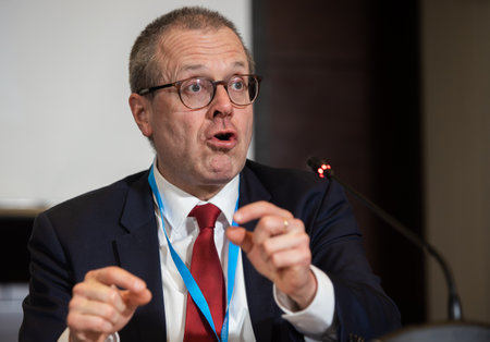 Bucharest, Romania. 22th Mar, 2023: Hans Kluge, WHO Regional Director for Europe, speaks during a press conference at WHO Europe high-level regional meeting on health and care workforce: Time to act.のeditorial素材
