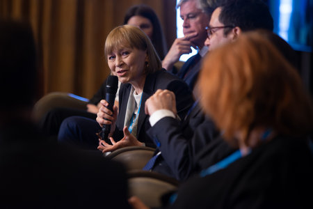 Bucharest, Romania. 22th Mar, 2023: Ala Nemerenco, Moldovan Minister of Health, speaks at WHO Europe high-level regional meeting on health and care workforce: Time to act.のeditorial素材