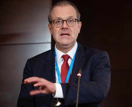 Bucharest, Romania. 22th Mar, 2023: Hans Kluge, WHO Regional Director for Europe, speaks during a press conference at WHO Europe high-level regional meeting on health and care workforce: Time to act.のeditorial素材