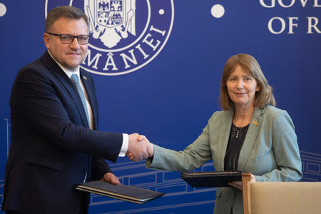 Bucharest, Romania. 23th Mar, 2023: Kathleen Kavalec, US ambassador to Romania, and Marius Budai, Romanian Minister of Labor, at the signing of the Social Security Agreement between USA and Romania.のeditorial素材