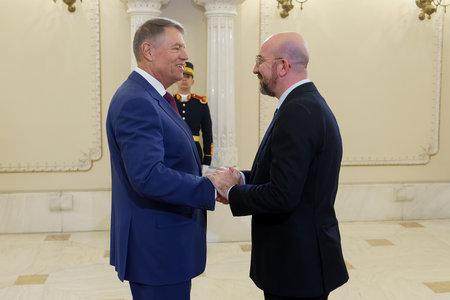 Bucharest, Romania. 27th Mar, 2023: Romanian President Klaus Iohannis (L) welcomes Charles Michel (R), the President of the European Council, at the beginning of his official visit to Romania.のeditorial素材