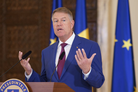 Bucharest, Romania. 27th Mar, 2023: Romanian President, Klaus Iohannis, speaks during the joint statements with European Council President, at Cotroceni Palace.のeditorial素材