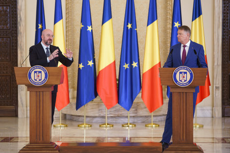 Bucharest, Romania. 27th Mar, 2023: Charles Michel (L), the President of the European Council, speaks during the joint statements with Romanian President, Klaus Iohannis (R), at Cotroceni Palace.のeditorial素材