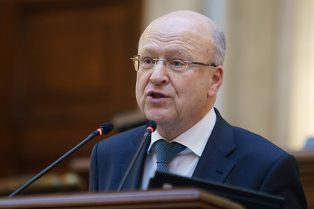 Bucharest, Romania - March 27, 2023: Koen Lenaerts, President of CJEU, speaks at the the solemn assembly celebrating "The Centennial of the Constitution of Unified Romania 1923 - 2023"のeditorial素材
