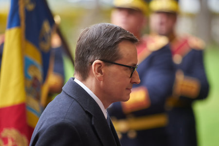 Bucharest, Romania. 28th Mar, 2023: The Polish Premier Mateus Morawiecki is welcomed by Romanian Premier, during his official visit to Romania, at the Victoria Palace.のeditorial素材
