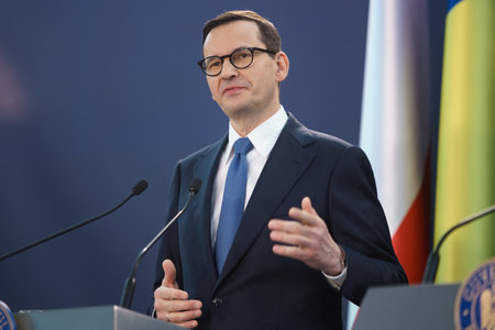 Bucharest, Romania. 28th Mar, 2023: The Polish Premier Mateus Morawiecki speaks during the joint statements with Romanian Premier, at the Victoria Palace.のeditorial素材