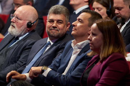 Bucharest, Romania. 31th Mar, 2023: Marcel Ciolacu (C), President of the Romanian Chamber of Deputies, listen to a speech at the event organized by the Social Democratic Party and PES activists Romania on the occasion of the celebration of 130 years sinceのeditorial素材