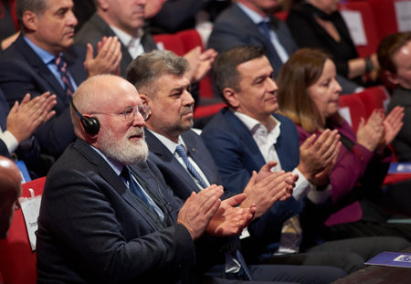 Bucharest, Romania. 31th Mar, 2023: Frans Timmermans (L), First Vice President of the European Commission, listen to a speech at the event organized by the Social Democratic Party and PES activists Romania on the occasion of the celebration of 130 years sのeditorial素材