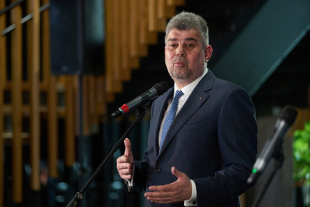Bucharest, Romania. 31th Mar, 2023: Marcel Ciolacu, President of the Romanian Chamber of Deputies, speaks during a press conference at the end of the event organized by the Social Democratic Party and PES activists Romania on the occasion of the celebratiのeditorial素材