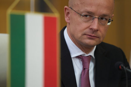 Bucharest, Romania. 4th Apr, 2023: Peter Szijjarto, The Minister of Foreign Affairs and Foreign Trade of Hungary, speaks, during the signing ceremony of the agreement between the Government of Romania, repesented by Sorin Grindeanu (not in picture), the Rのeditorial素材
