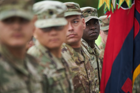 Bucharest, Romania. 5th Apr, 2023: American servicemen of the 101st Airborne Division during the transfer of authority ceremony between the 101st Airborne Division (Air Assault) and the 10th Mountain Division, both of the US Army, at the Heroes of the Fatのeditorial素材