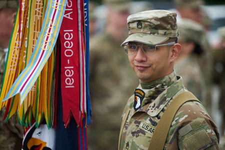 Bucharest, Romania. 5th Apr, 2023: American servicemen of the 101st Airborne Division during the transfer of authority ceremony between the 101st Airborne Division (Air Assault) and the 10th Mountain Division, both of the US Army, at the Heroes of the Fatのeditorial素材