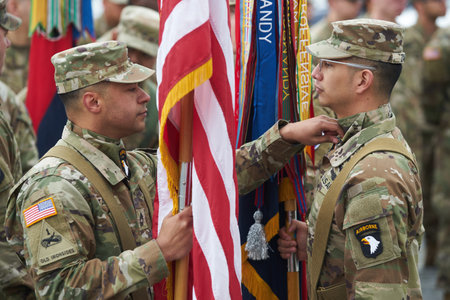 Bucharest, Romania. 5th Apr, 2023: American servicemen of the 101st Airborne Division prepares for the transfer of authority ceremony between the 101st Airborne Division (Air Assault) and the 10th Mountain Division, both of the US Army, at the Heroes of tのeditorial素材