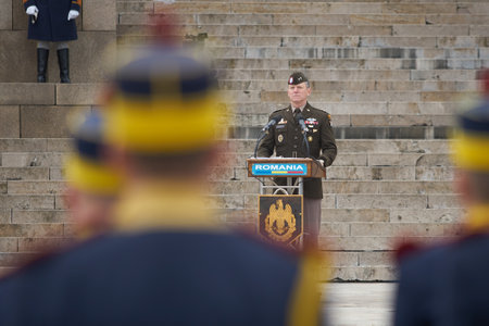 Bucharest, Romania. 5th Apr, 2023: Joseph McGee, commanding major general of the 101st Airborne Division, speaks during the transfer of authority ceremony between the 101st Airborne Division (Air Assault) and the 10th Mountain Division, both of the US Armのeditorial素材
