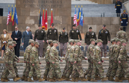 Bucharest, Romania. 5th Apr, 2023: American servicemen of the 101st Airborne Division during the transfer of authority ceremony between the 101st Airborne Division (Air Assault) and the 10th Mountain Division, both of the US Army, at the Heroes of the Fatのeditorial素材