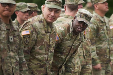 Bucharest, Romania. 5th Apr, 2023: American servicemen of the 101st Airborne Division prepares for the transfer of authority ceremony between the 101st Airborne Division (Air Assault) and the 10th Mountain Division, both of the US Army, at the Heroes of tのeditorial素材