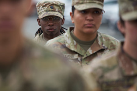 Bucharest, Romania. 5th Apr, 2023: American woman soldier of the 101st Airborne Division during the transfer of authority ceremony between the 101st Airborne Division (Air Assault) and the 10th Mountain Division, both of the US Army, at the Heroes of the のeditorial素材