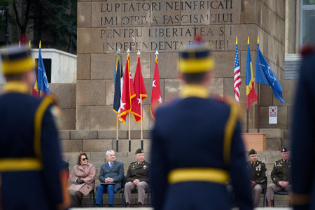 Bucharest, Romania. 5th Apr, 2023: Romanian officials, from left to right, senator Nicoleta Pauliuc and Ion Oprisor, Presidential Advisor - Department of National Security, during the transfer of authority ceremony between the 101st Airborne Division (Airのeditorial素材