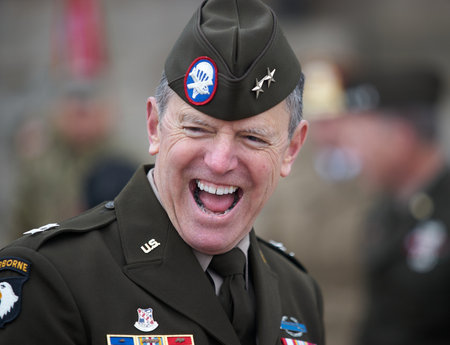 Bucharest, Romania. 5th Apr, 2023: Joseph McGee, commanding major general of the 101st Airborne Division, laugh after the transfer of authority ceremony between the 101st Airborne Division (Air Assault) and the 10th Mountain Division, both of the US Army,のeditorial素材