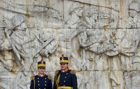 Bucharest, Romania. 5th Apr, 2023: Female soldier from the Romanian honor guard during the transfer of authority ceremony between the 101st Airborne Division (Air Assault) and the 10th Mountain Division, both of the US Army, at the Heroes of the Fatherlanのeditorial素材