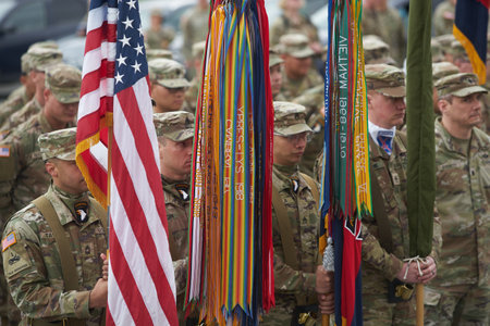 Bucharest, Romania. 5th Apr, 2023: American servicemen of the 101st Airborne Division during the transfer of authority ceremony between the 101st Airborne Division (Air Assault) and the 10th Mountain Division, both of the US Army, at the Heroes of the Fatのeditorial素材
