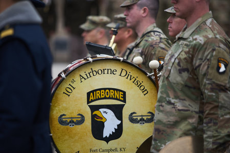 Bucharest, Romania. 5th Apr, 2023: American servicemen of the 101st Airborne Division during the transfer of authority ceremony between the 101st Airborne Division (Air Assault) and the 10th Mountain Division, both of the US Army, at the Heroes of the Fatのeditorial素材