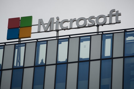 Bucharest, Romania - May 09, 2023: The Microsoft logo is seen above its headquarters in Bucharest, Romania. This image is for editorial use only.のeditorial素材