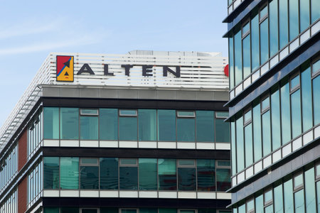 Bucharest, Romania - July 08, 2023: The logo of the French multinational ALTEN is seen on top of a building, in Bucharest. This image is for editorial use only.のeditorial素材
