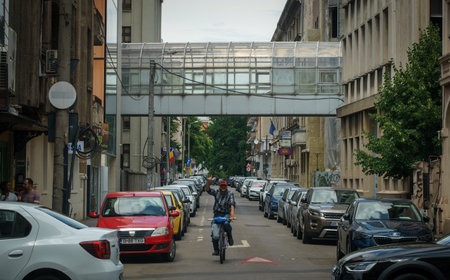 Bucharest, Romania - July 08, 2023: The footbridge connecting, above a street, the buildings of the Bucharest University of Economic Studies.のeditorial素材